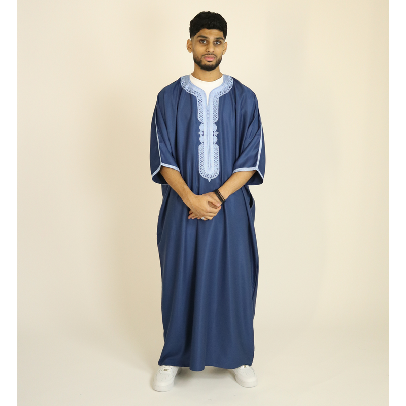 Blue - Light Blue Embroidery - Mens Moroccan Thobe