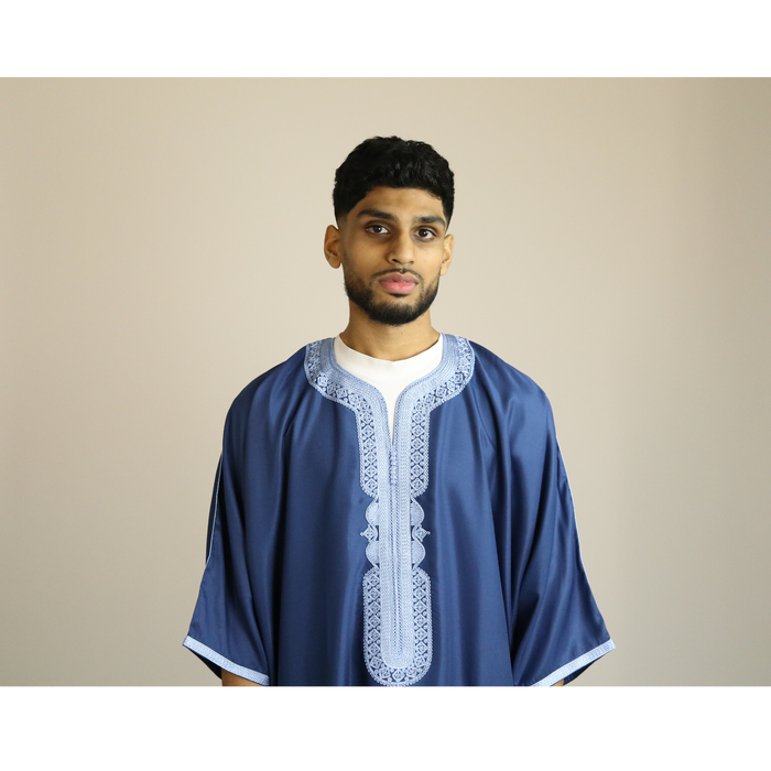 Blue - Light Blue Embroidery - Mens Moroccan Thobe