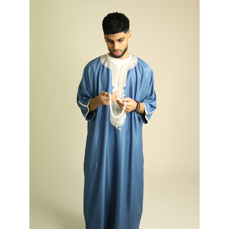 Blue - Silver Embroidery - Mens Moroccan Thobes