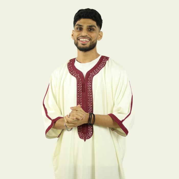 White - Red Embroidery - Mens Moroccan Thobe