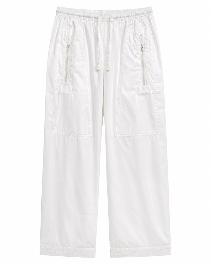 Men’s White Islamic Trousers – Elastic Waist Drawstring Pants with Zip Pockets
