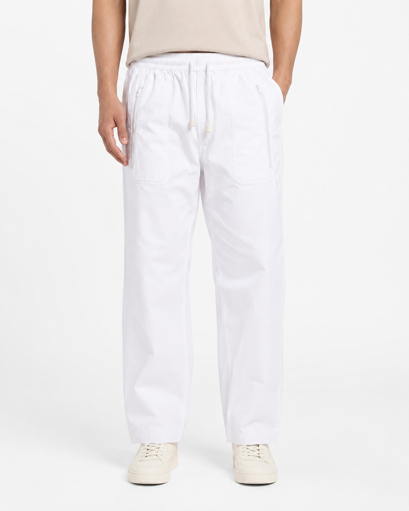 Men’s White Islamic Trousers – Elastic Waist Drawstring Pants with Zip Pockets