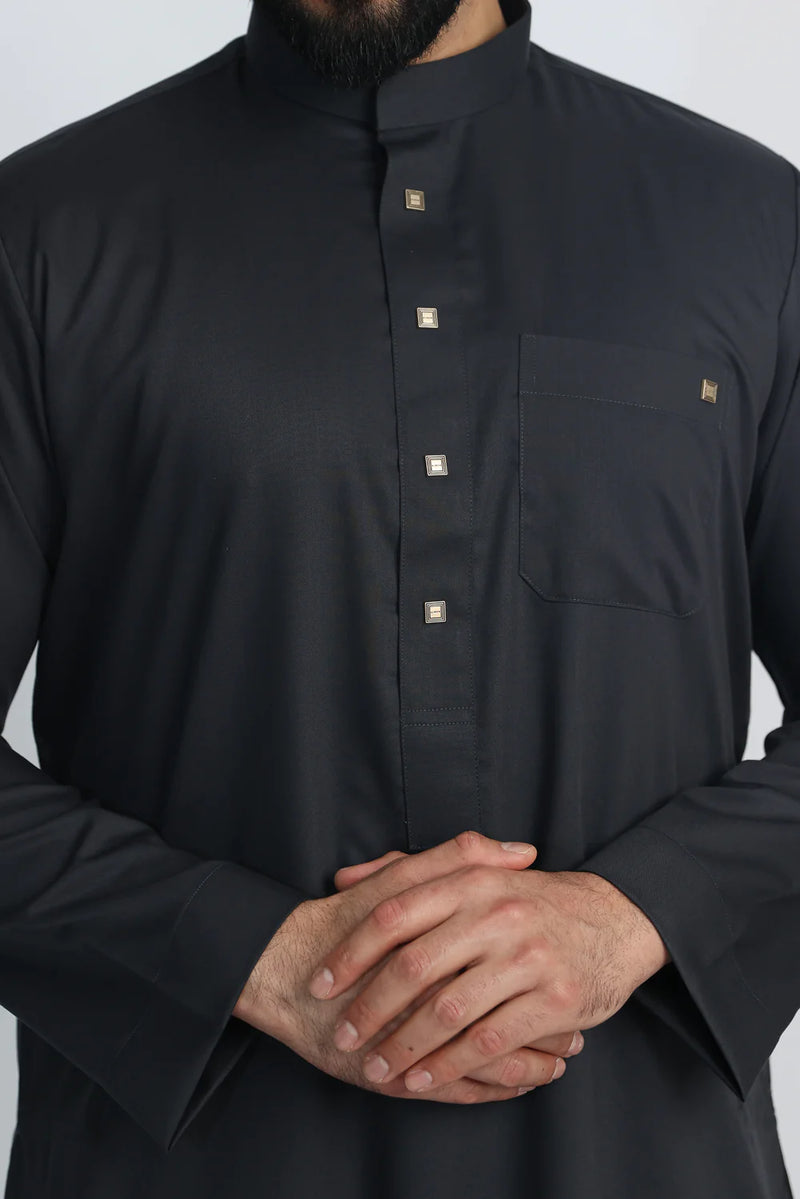 Black Saudi Collar Thobe By Al noor- J1516