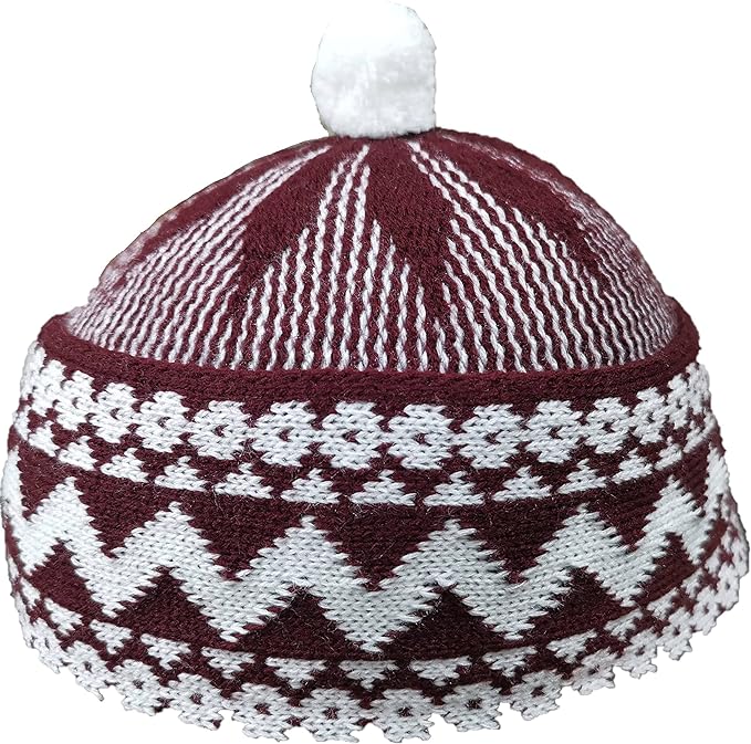 ZAMZAM Men's Zigzag Haji Cap | Kufi All Season Muslim Prayer Topi Beanie Hat Crown with White Ball | Stretchable One Size.
