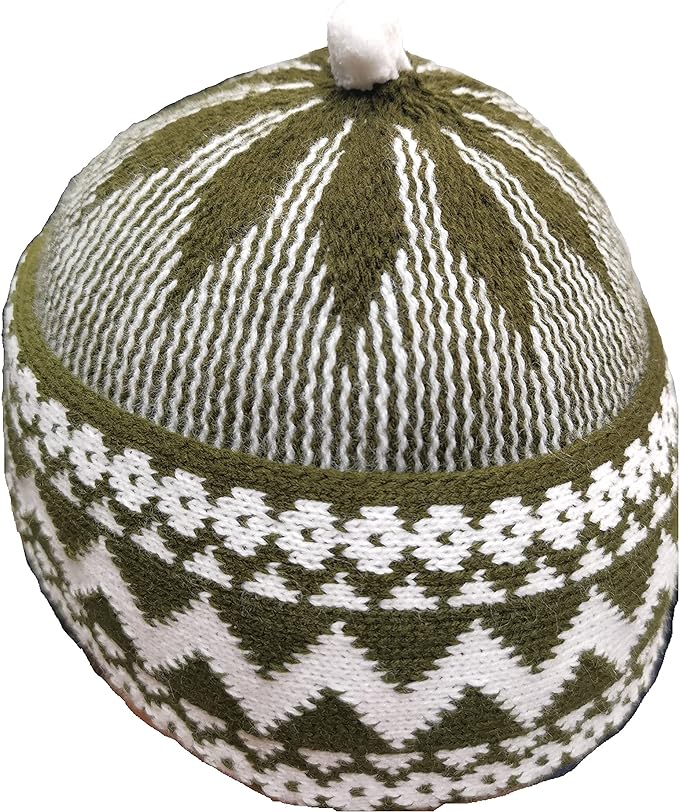 ZAMZAM Men's Zigzag Haji Cap | Kufi All Season Muslim Prayer Topi Beanie Hat Crown with White Ball | Stretchable One Size.