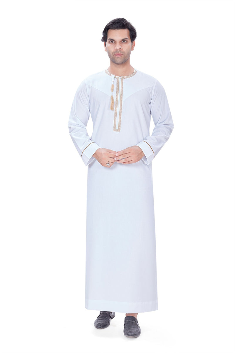 White Thobe Emirati Omani Jubba Islamic Kaftan robe with gold tassel embroidery By Zamzam