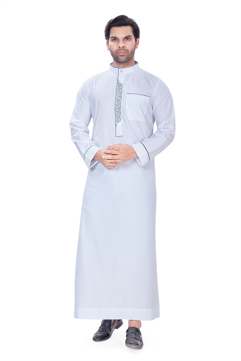 white and light blue embroidered jubba for men By Zamzam