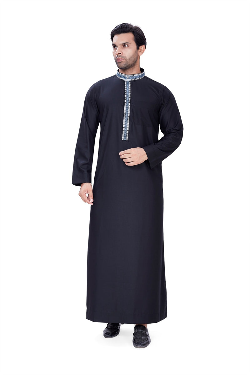 Black long-sleeve men's thobe featuring geometric embroidery along the collar and front placket By Zamzam