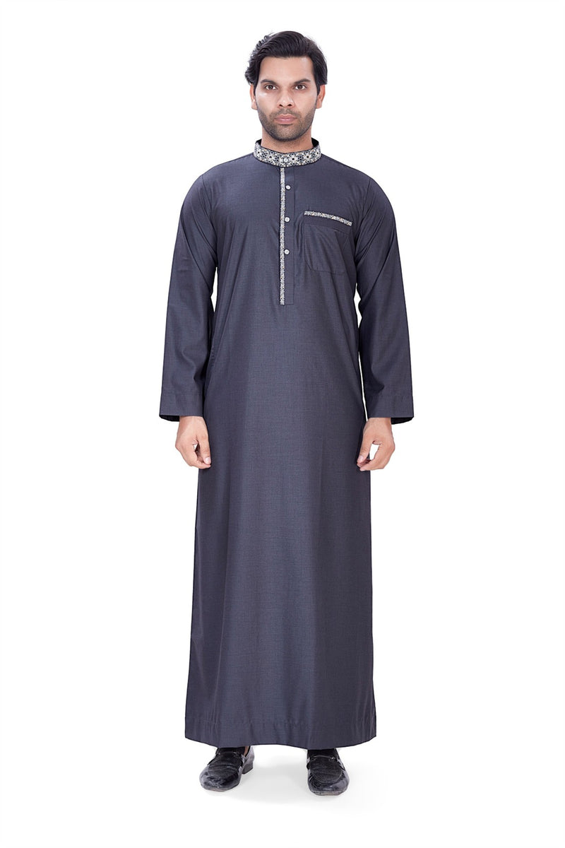 Navy blue embroidered men's long-sleeve thobe By Zamzam