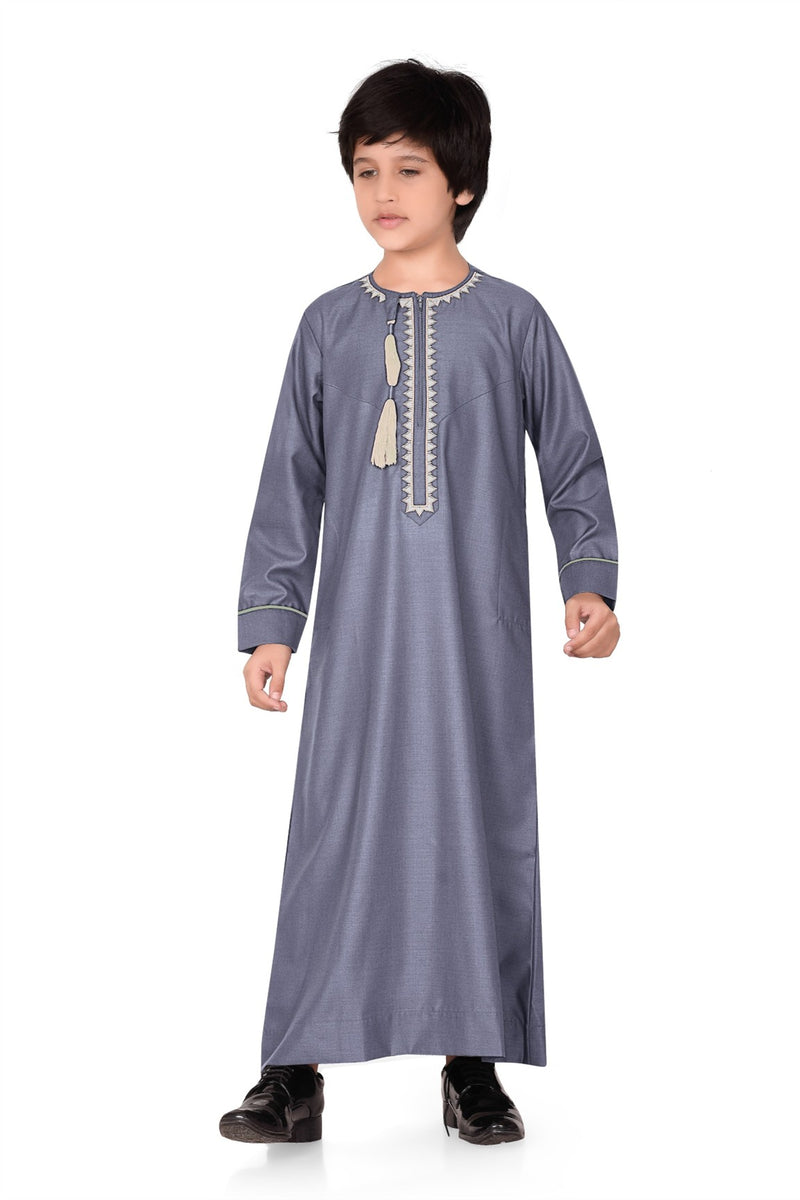 Premium Grey Omani Thobe with intricate embroidery and a detachable tassel By Zamzam
