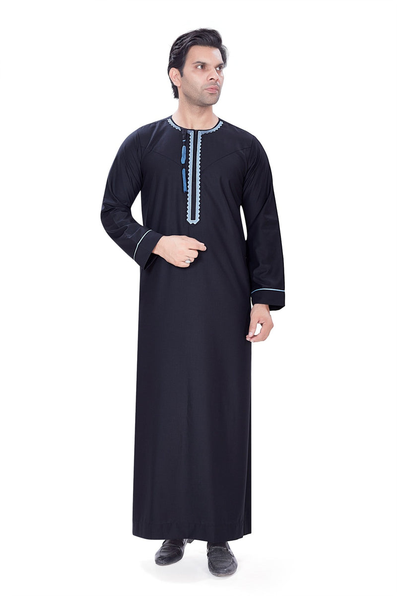 Black long-sleeved Thobe featuring light blue embroidered neck and cuff detailing By Zamzam