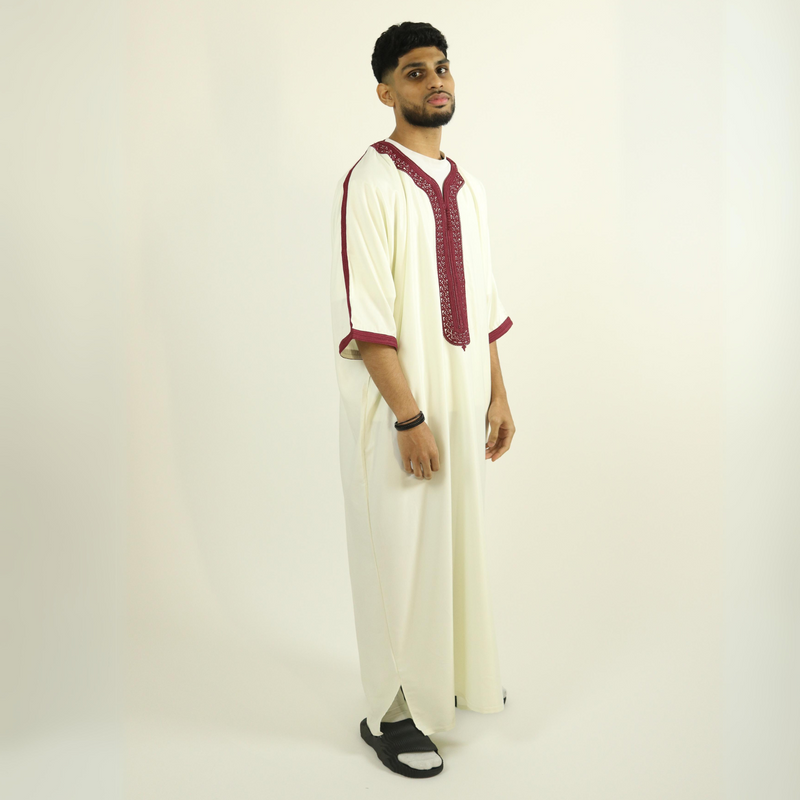 White - Red Embroidery - Mens Moroccan Thobe