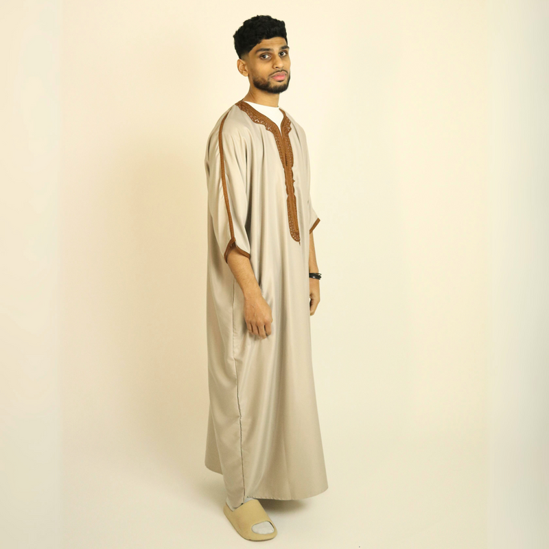 Beige - Brown Embroidery - Mens Moroccan Thobe