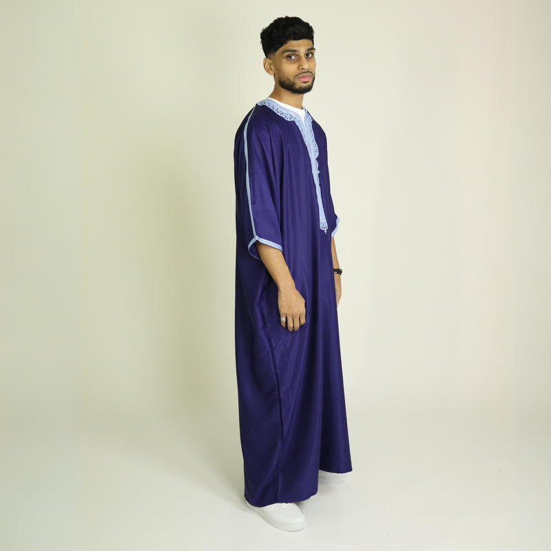 Dark Blue - Light Blue Embroidery - Mens Moroccan Thobe