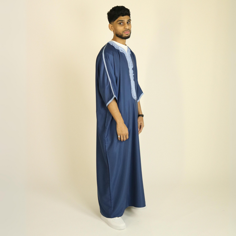 Blue - Light Blue Embroidery - Mens Moroccan Thobe