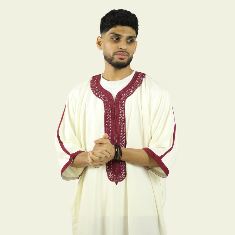 White - Red Embroidery - Mens Moroccan Thobe
