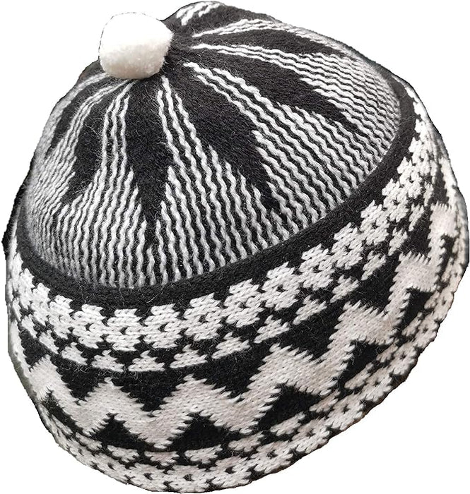 ZAMZAM Men's Zigzag Haji Cap | Kufi All Season Muslim Prayer Topi Beanie Hat Crown with White Ball | Stretchable One Size.