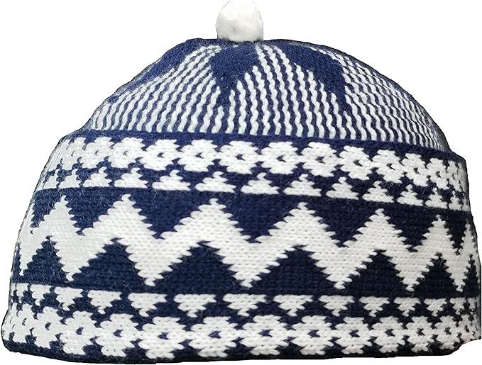 ZAMZAM Men's Zigzag Haji Cap | Kufi All Season Muslim Prayer Topi Beanie Hat Crown with White Ball | Stretchable One Size.