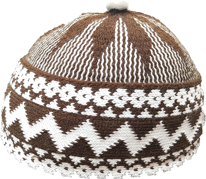 ZAMZAM Men's Zigzag Haji Cap | Kufi All Season Muslim Prayer Topi Beanie Hat Crown with White Ball | Stretchable One Size.