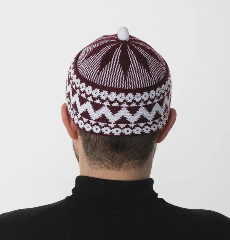 ZAMZAM Men's Zigzag Haji Cap | Kufi All Season Muslim Prayer Topi Beanie Hat Crown with White Ball | Stretchable One Size.