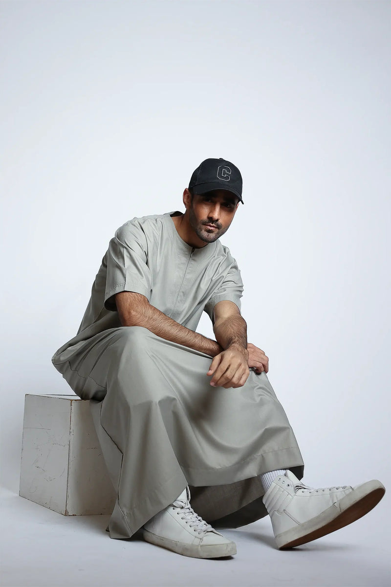 Tuscan Stonewall Grey Half Sleeve Thobe By Al Noor- J152